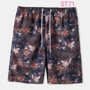 Quick-dry men's beach shorts with colorful shark print and drawstring