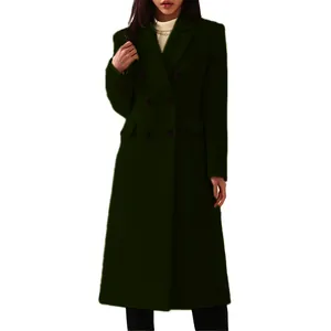 Detail view showing the silhouette and texture of a long dark green double-breasted wool coat