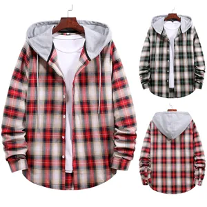 Chaqueta Camisa de Cuadros con Capucha para Hombre Mezcla de Algodón Casual Manga Larga Sobretodo para Jóvenes Top