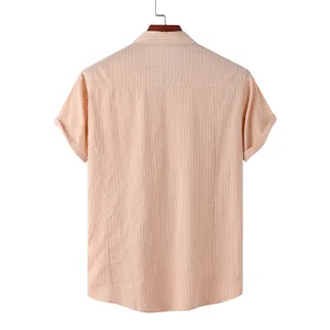 Detailed back view of a men's salmon orange short sleeve casual beach shirt with stripes