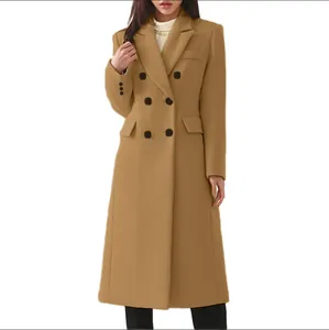 Elegant long camel wool coat featuring a double-breasted design with refined wide lapels