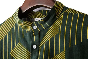 Close-up of stand collar and fabric texture of green men's linen shirt with yellow stripes