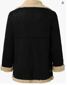 Back view of black faux suede jacket with cozy beige faux fur trim for men