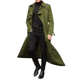Eleganter zweireihiger langer Herren-Trenchcoat in Olivgrün für Herbst und Winter