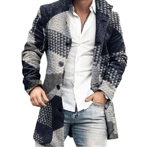 Men's casual midi-length woolen coat featuring a stylish geometric patchwork print design