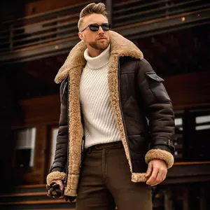 Men's premium brown faux suede winter jacket with thick artificial fur collar and lining
