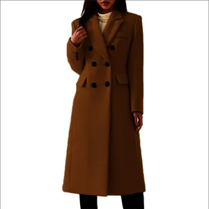 Full-length view of a classic brown double-breasted wool coat for women in autumn