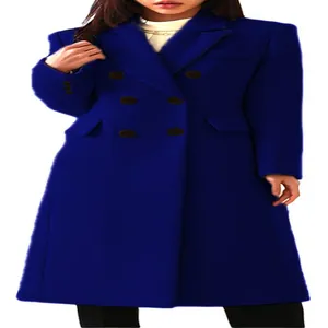 Detail of a royal blue double-breasted long wool coat for women in autumn and winter.
