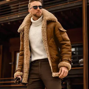 Stylish men's winter faux suede jacket with thick faux shearling lining and warm fur collar