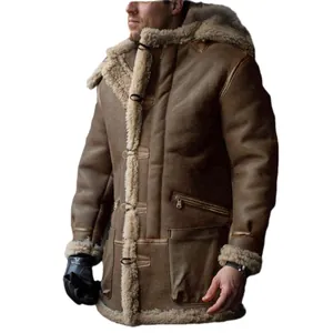 Warm men's thickened brown suede jacket with cozy faux fur lining and hood for winter