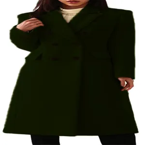 Front view of a dark green double-breasted long wool coat for women