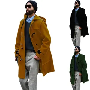 Trenca de lana gruesa para hombre con capucha y botones de cuerno amarillo negro