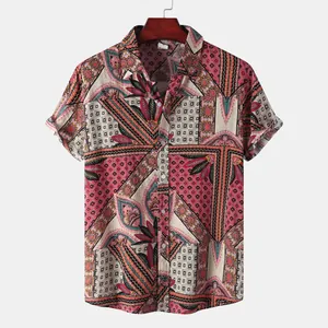 Detailed view of colorful ethnic pattern men's short sleeve button-down shirt on hanger