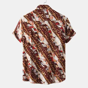 Back view of men's summer short-sleeved shirt with geometric chain and leaf print patterns