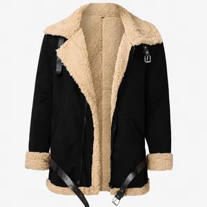 Men's winter faux suede jacket with warm artificial sheepskin fur lining in black