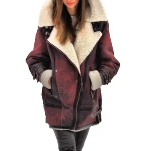 Warm burgundy faux suede aviator jacket with thick white shearling lining for women