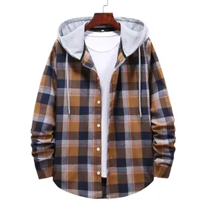 Camicia scozzese a maniche lunghe casual da uomo con cappuccio e coulisse regolabile