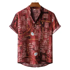 Men's casual short sleeve shirt with vintage ethnic print and mandarin collar for beach holiday