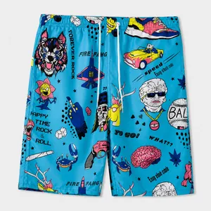 Vibrant blue men's beach shorts with colorful graffiti prints and drawstring waist.