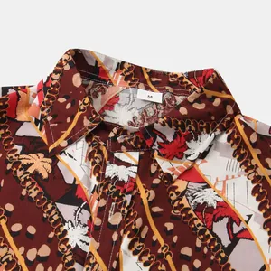 Close-up of a men's stylish floral print short sleeve shirt collar with M-size label.