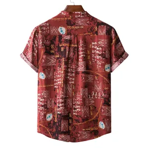 Back view of men's short sleeve ethnic print shirt in reddish brown for beach holiday