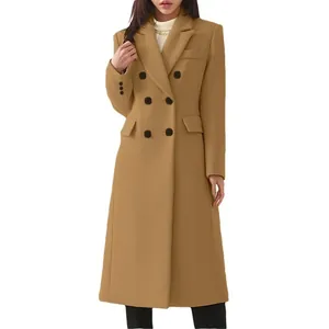 Elegant women's camel wool coat in double-breasted long design for autumn and winter