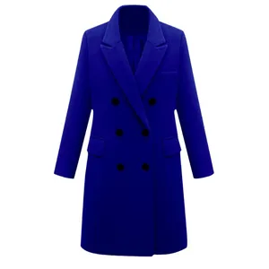 Abrigo largo de lana azul para mujer, con doble botonadura, fondo blanco