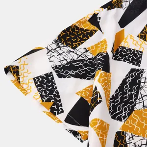 Detail shot showing the intricate geometric print on a men's summer short-sleeved shirt