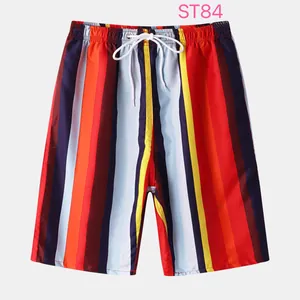 Men's colorful vertical striped beach shorts featuring breathable fabric and drawstring waist