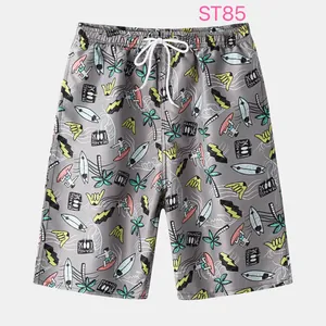 Men's breathable summer beach shorts featuring a colorful surfboard and palm tree print