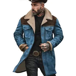Stijlvolle blauwe suède jas in western-stijl met bruine leren patch en sherpa-kraag