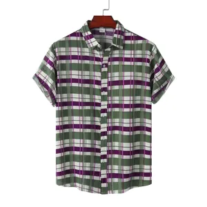 Detailed view of men's short-sleeved plaid casual beach shirt in green and purple