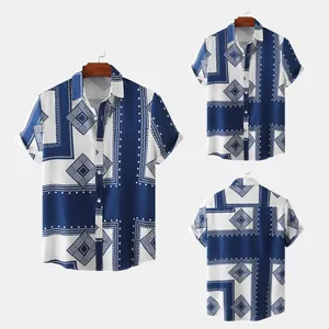 Detailed front and back views of men's ethnic geometric print slim short sleeve shirt