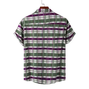 Back view of men's casual short-sleeved shirt with green and purple plaid pattern