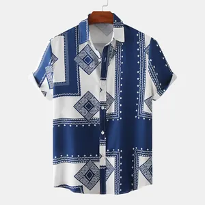 Detailed front view of men's blue and white ethnic geometric print short sleeve shirt