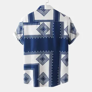 Back view of a casual men's short sleeve shirt featuring blue and white geometric prints