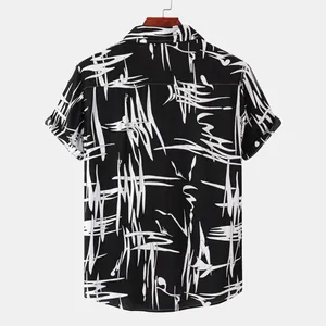Detailed back view of a men's slim-fit short-sleeved shirt with white abstract print