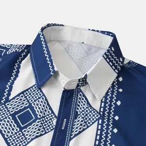 Detailed close-up of men's ethnic geometric print shirt collar and buttons