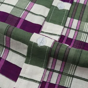 High-quality close-up detail of a men's plaid shirt showing fabric texture and buttons.