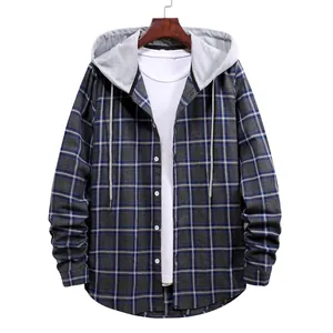 Camicia scozzese blu da uomo con cappuccio e coulisse stile casual a maniche lunghe