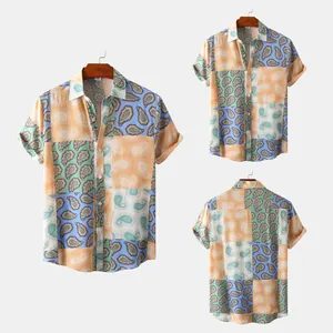 Detailed three-view display of a men's short-sleeve shirt with vintage paisley patchwork print.