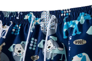 Close-up of men's beach shorts with blue cartoon dog print and white drawstring.