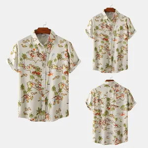 Detail views of men's slim fit casual short sleeve shirt with tropical island print