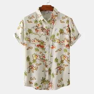 Men's slim-fit short-sleeve casual shirt with tropical map and palm tree print detail