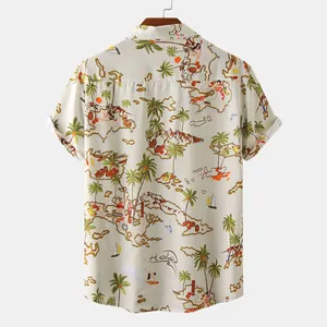 Men's slim fit short sleeve shirt with colorful tropical map and island print on cream base.