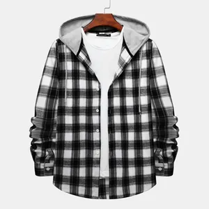 Men's black and white plaid long-sleeve hooded shirt displayed on a wooden hanger