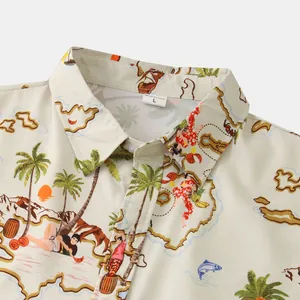 Close-up of tropical island map print on men's casual short sleeve shirt collar