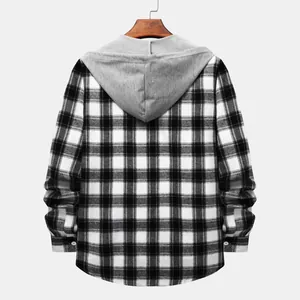 Back view of a men's black and white plaid hooded long-sleeve shirt on a hanger