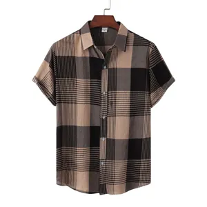 Men's short-sleeved button-down shirt featuring a large brown and black plaid pattern