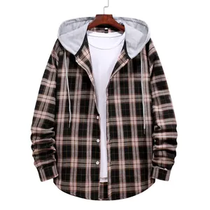 Camicia scozzese con cappuccio da uomo a maniche lunghe stile casual confortevole